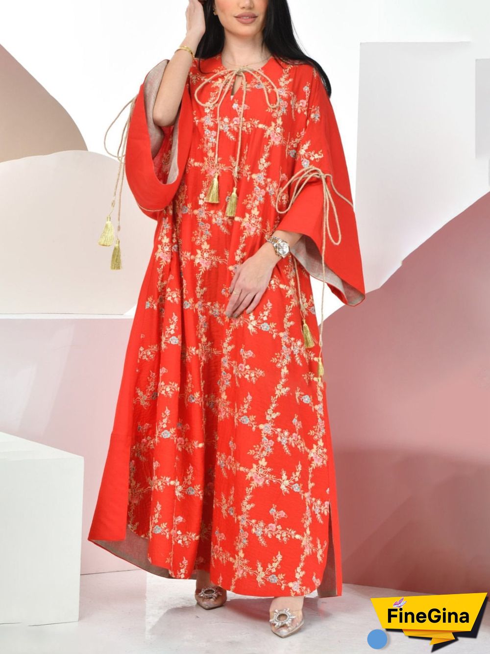 Serried Pattern Lace-Up Red Dress