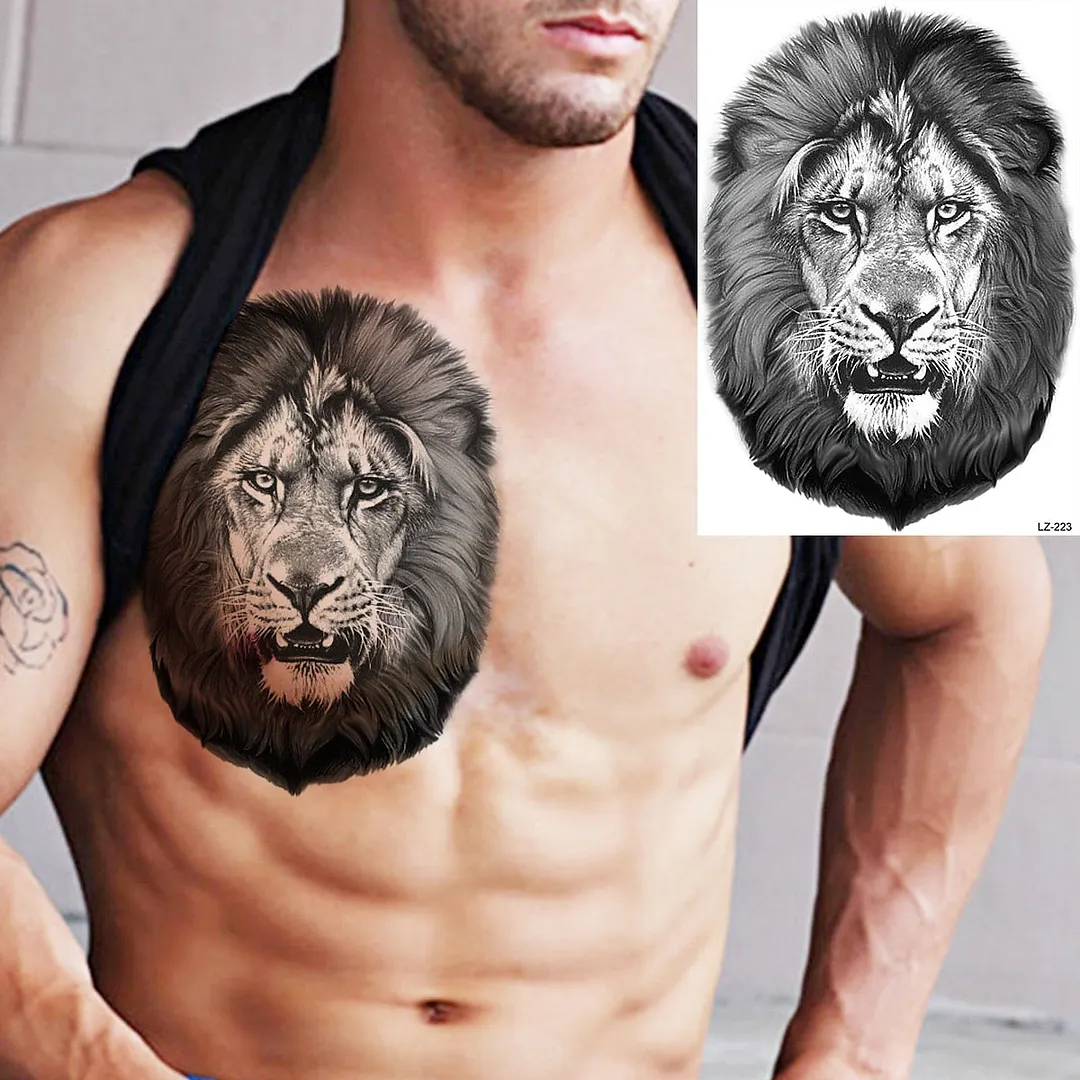 Large Lion Temporary Tattoos For Men Adults Realistic Totem Watercolor Tiger Fake Tattoo Sticker Chest Body Tatoos Waterproof