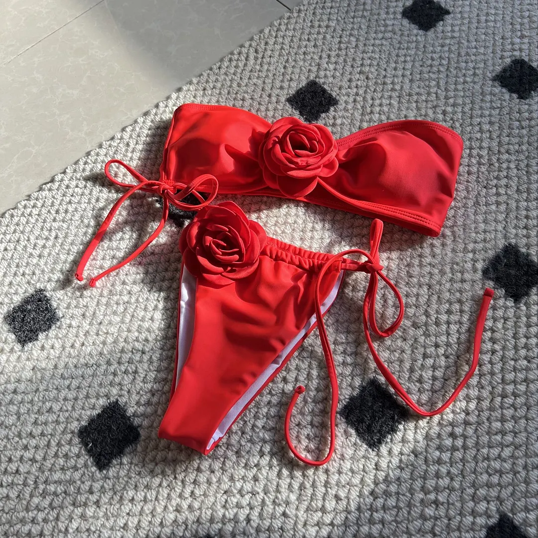 Uveng 2024 New Solid-Colored Rose Breast Drawstring Strap Split Swimsuit Bikini9150