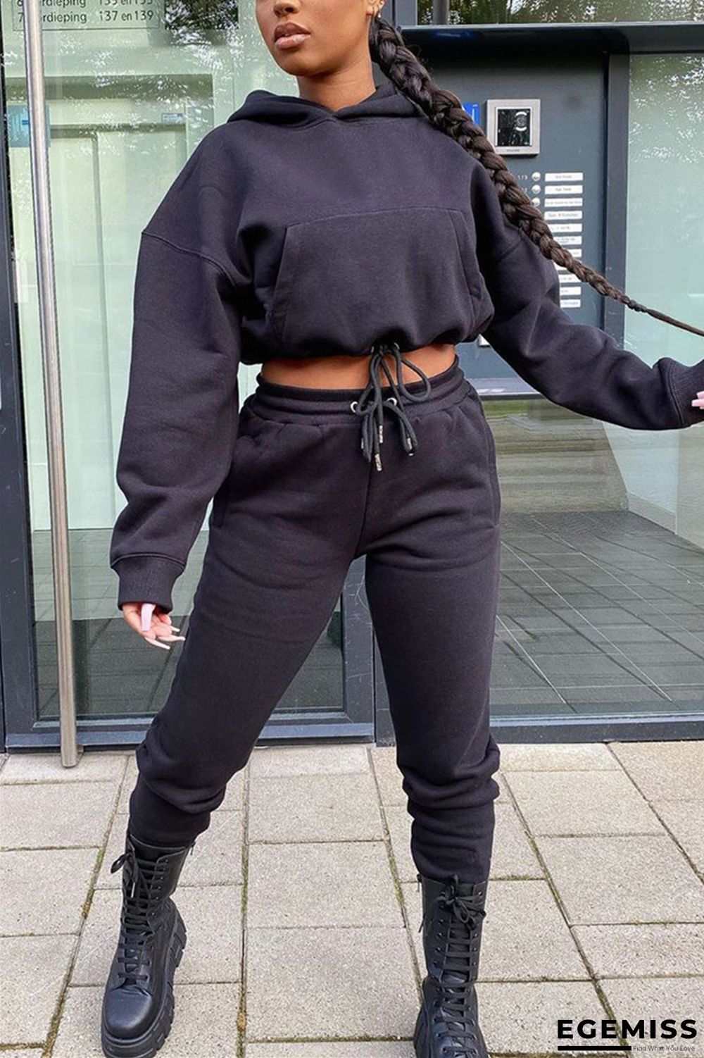 Black Fashion Casual Solid Basic Hooded Collar Long Sleeve Two Pieces | EGEMISS