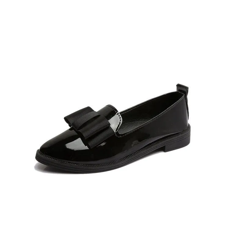 Spring Flats Women Shoes Bowtie Loafers Patent Leather Women's Low Heels Slip On Footwear Female Pointed Toe Thick Heel
