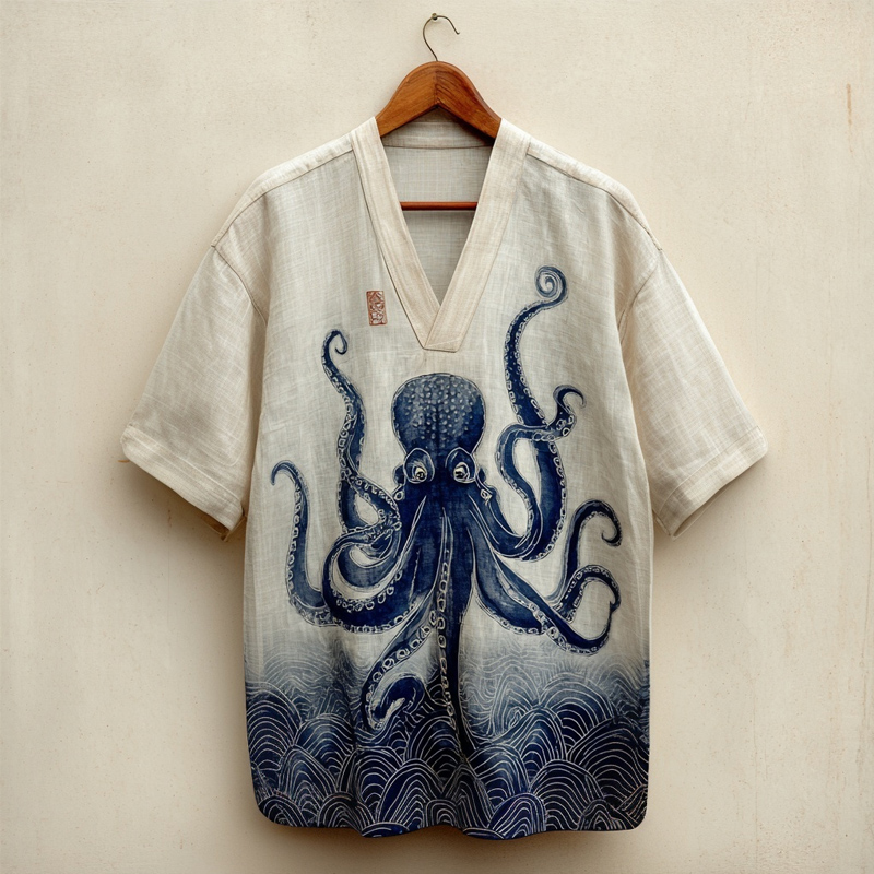 Vintage Japanese Octopus Linocut Art Linen Shirt