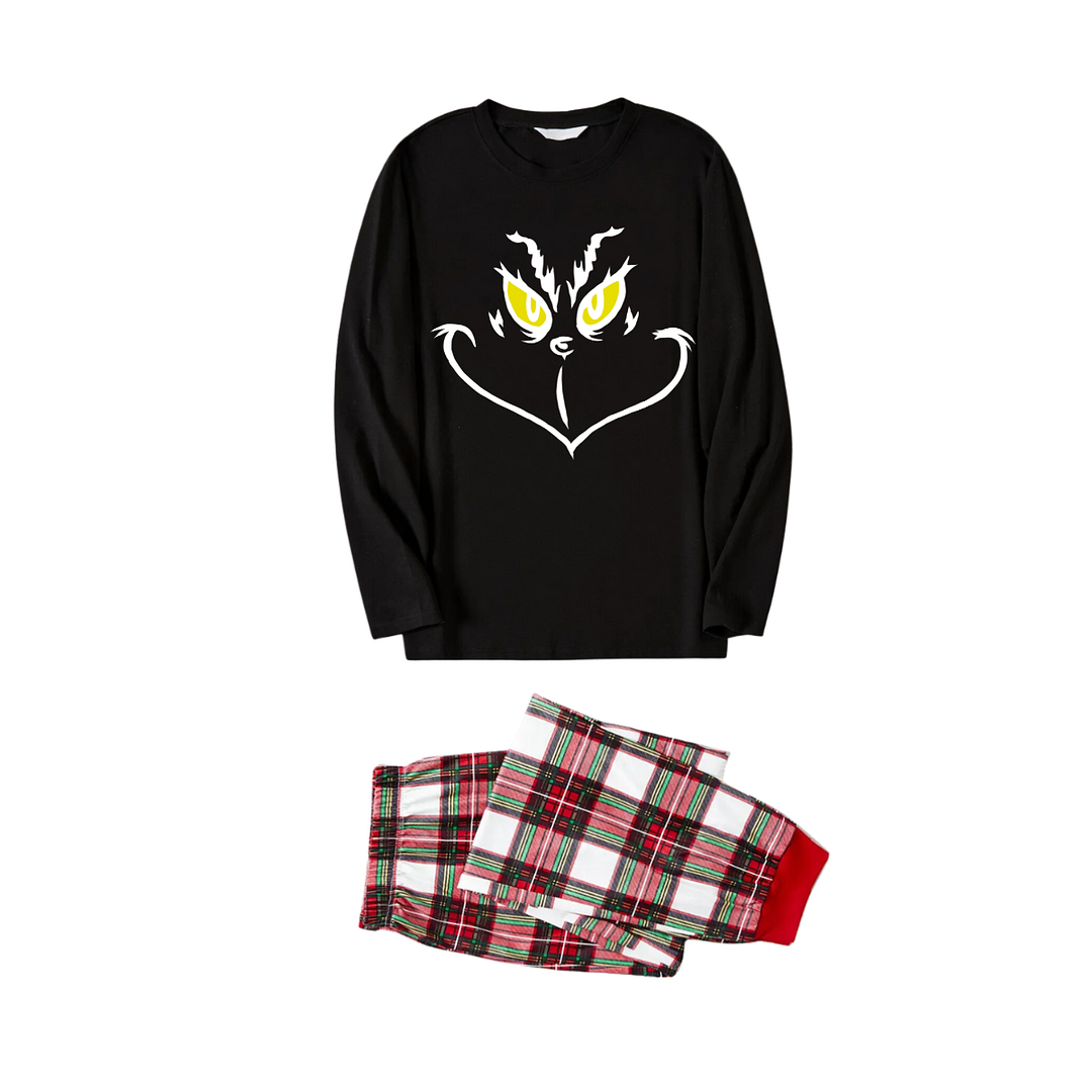 Christmas Cartoon Face Print Black Long Sleeve Top with Red & White & Green Plaid Family Matching Pajamas