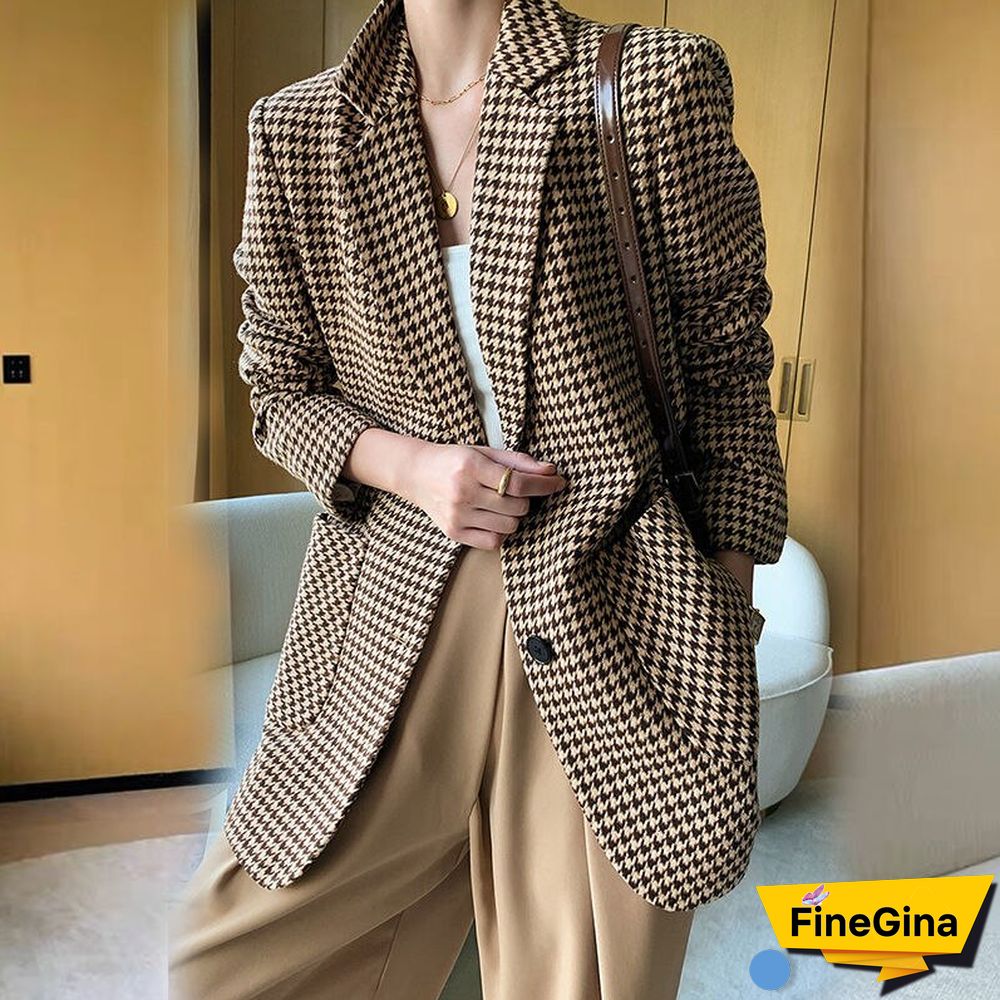 Women Jacket Long Sleeve Plaid Blazer with Belt Autumn Coat Office Lady Elegant V-Neck Over Size Blazers for Women with Pockets