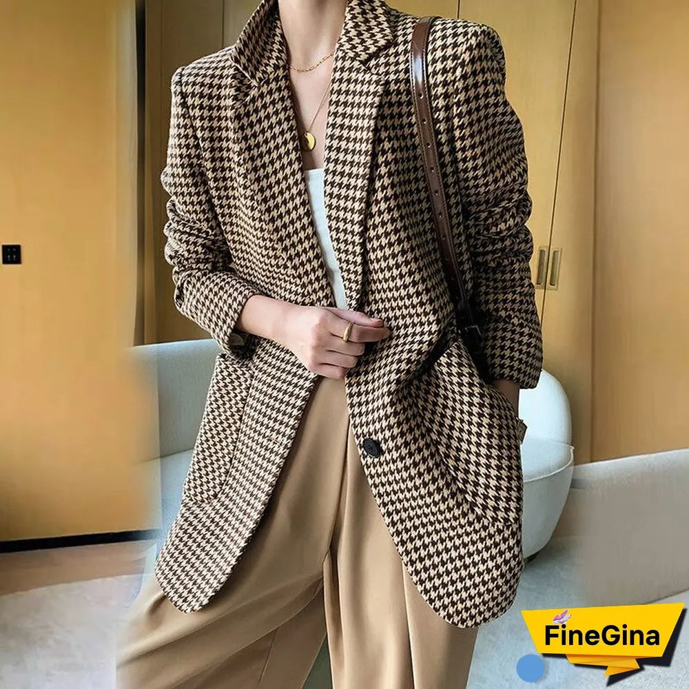 Women Jacket Long Sleeve Plaid Blazer with Belt Autumn Coat Office Lady Elegant V-Neck Over Size Blazers for Women with Pockets