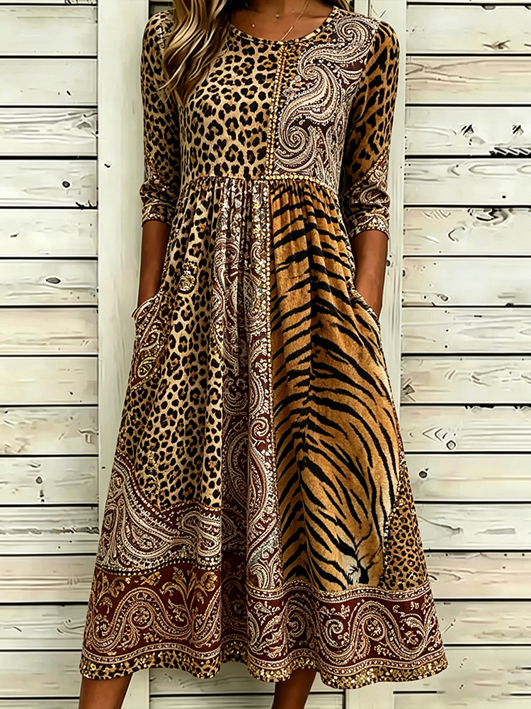 Comstylish Women's Leopard And Animal Print Paisley Pattern Splicing Linen Blend Casual Mid-sleeve Dress