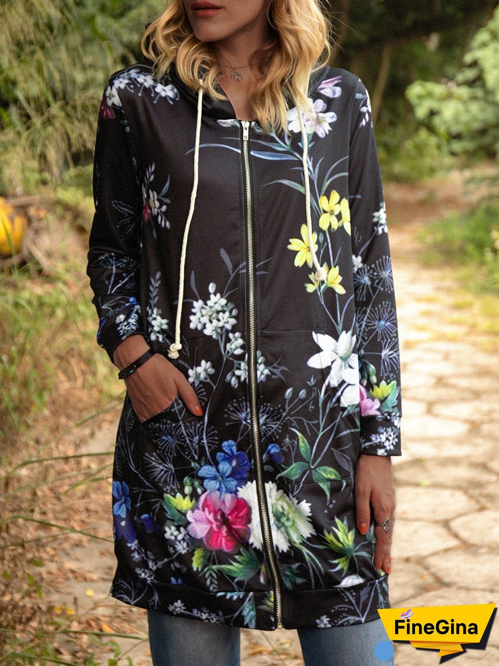 Gray Floral Long Sleeve Adjustable Strap Cotton-Blend Knit coat