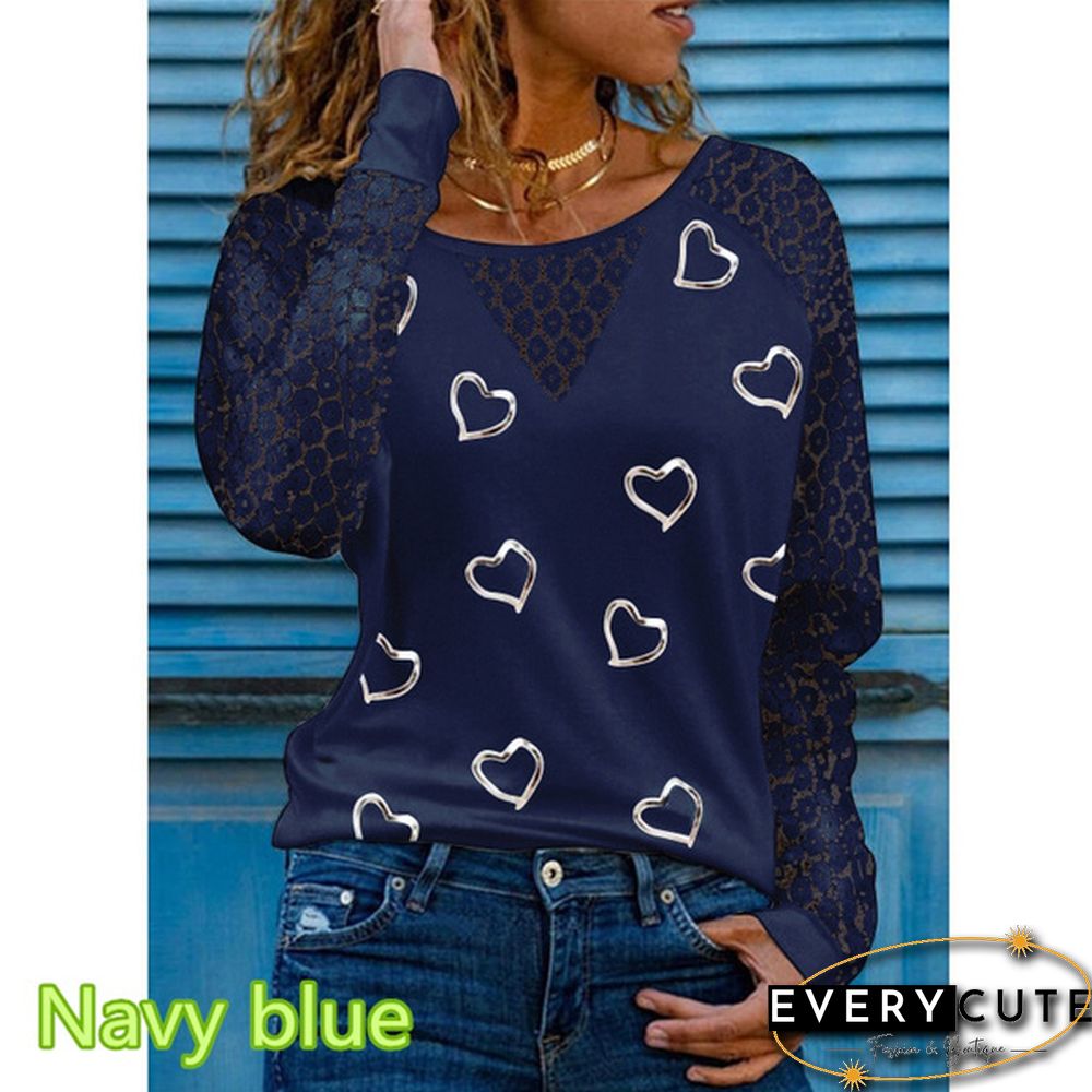 Spring and Early Autumn New Fashion Women's Love Printed Lace Long Sleeve Casual Top Loose Plus Size Soft and Comfortable Round Neck Bottoming Shirt XS-5XL