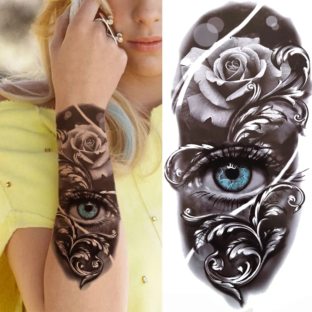 Sdrawing Lion Flower Temporary Tattoos For Women Men Kids Boy Black Tiger Skeleton Tattoo Sticker Fake Compass Tatoos Half Sleeve