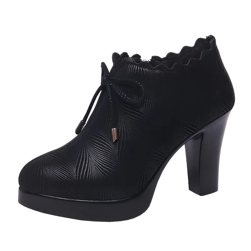 GKTINOO Plus Size 33-43 Block Heel Deep Mouth Platform Pumps Women Shoes 2022 Black High Heels Shoes Ladies Leather Shoe Office