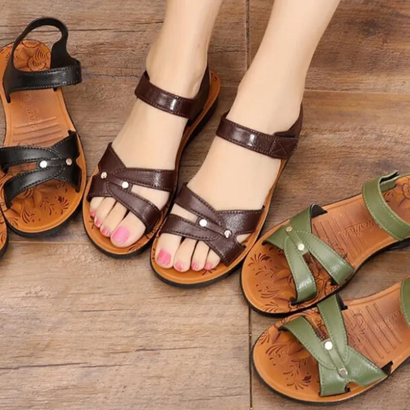 Qengg Women Sandals Flat Non-slip Open Toe Shoes Women Casual Vintage Comfortable Mother Sandals Zapatos De Mujer 413-0