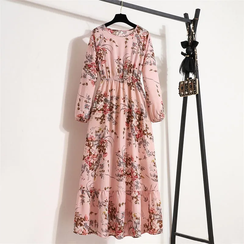 Floral Print Long Dress Women Lantern Long Sleeve High Waist Elegant Party Dress Ladies Casual Spring Summer Beach Maxi Dress
