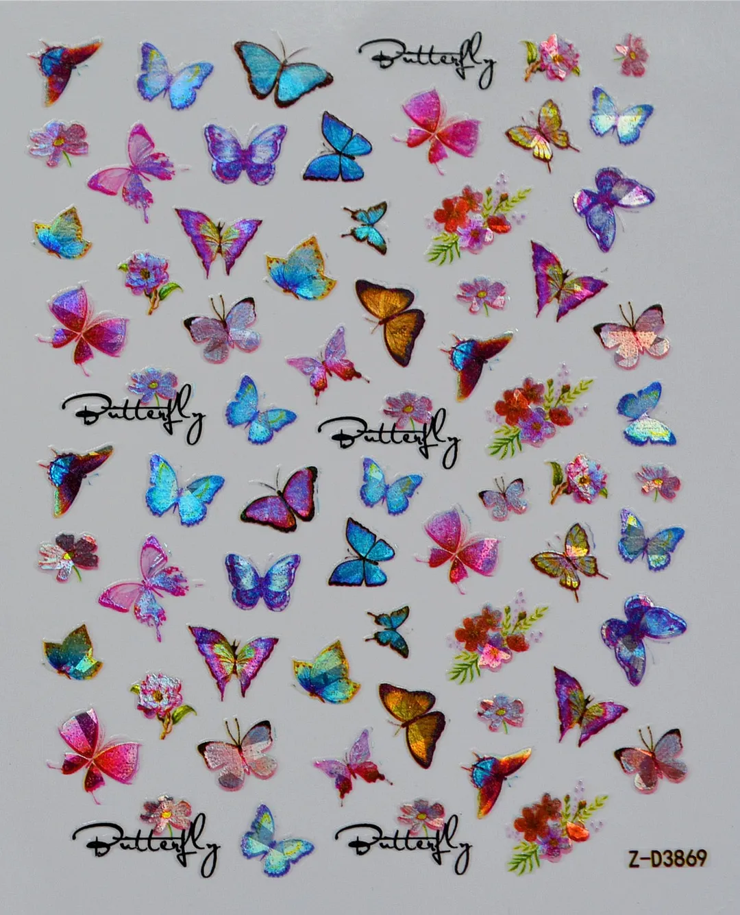 1pc Holographic Blue Nail Stickers Pink Colorful Butterfly Art Sticker With Adhesive DIY Extension Flowers Rose Nail Decoration-Nail Inspo