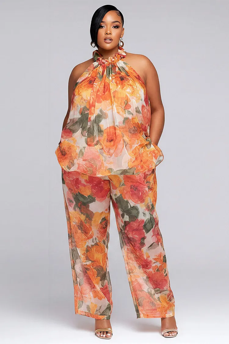 Xpluswear Design Plus Size Daily Orange Floral Halter Collar Pocket Chiffon Two Piece Pant Sets [Pre-Order] 2024 - Xpluswear