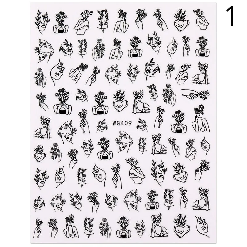 Geometric Lines Flowers Leaves 3D Nail Sticker Figure Woman Face Pattern Special Self Adhesive Nail Art Decals Manicures Sliders-Nail Inspo