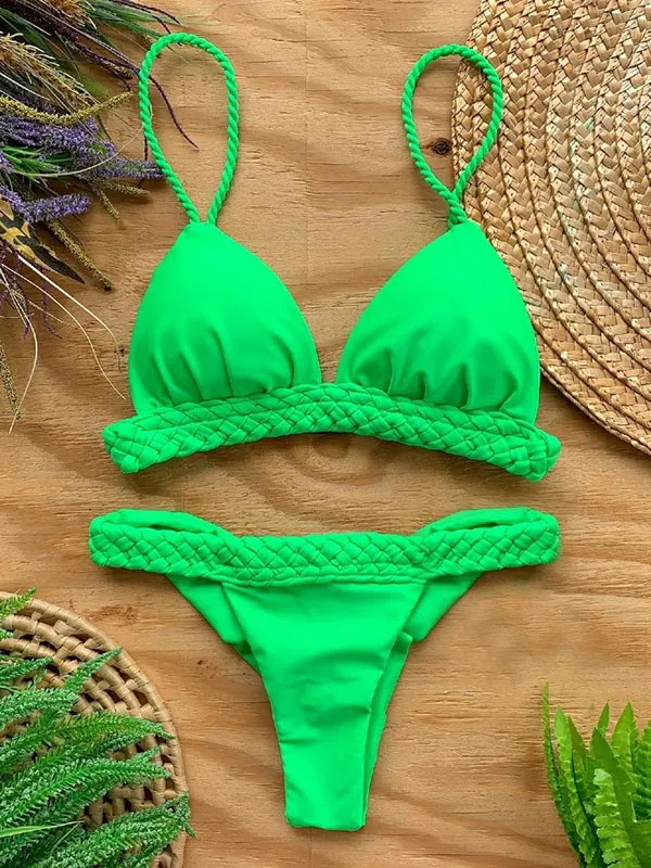 Spaghetti-Neck Solid Color Backless Triangles Hipster Sexy Bikini Swimwear