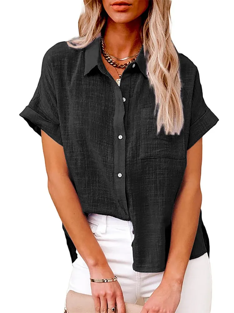 Back to school  Women Summer Linen Oversized Shirt Vintage Harajuku Short Sleeve Loose Blouse Elegant Chic Tunis 2022 Women Tops Streetwear