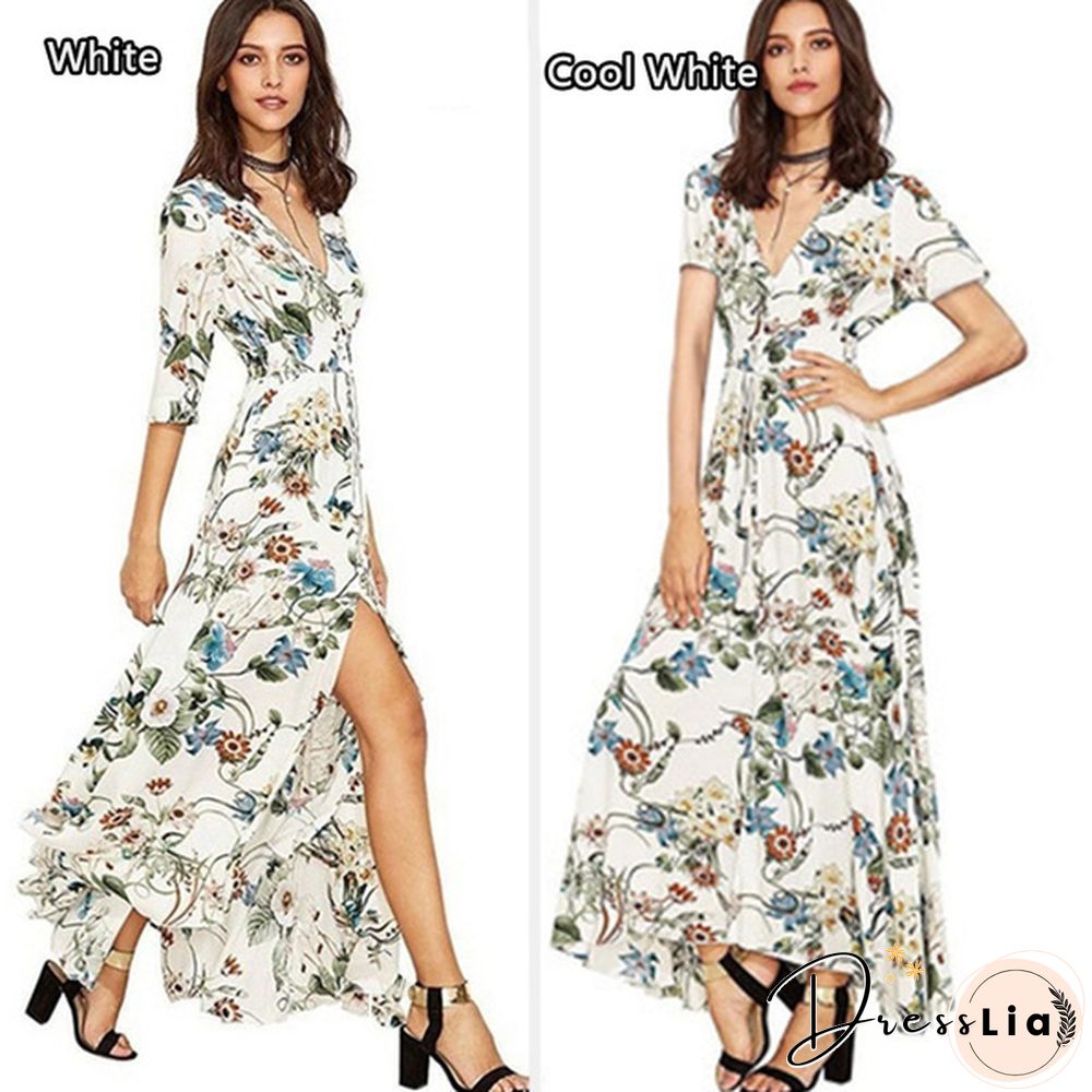 Summer Fashion Womens Bohemian V Neck Print Big Swing Long Dress Plus Size