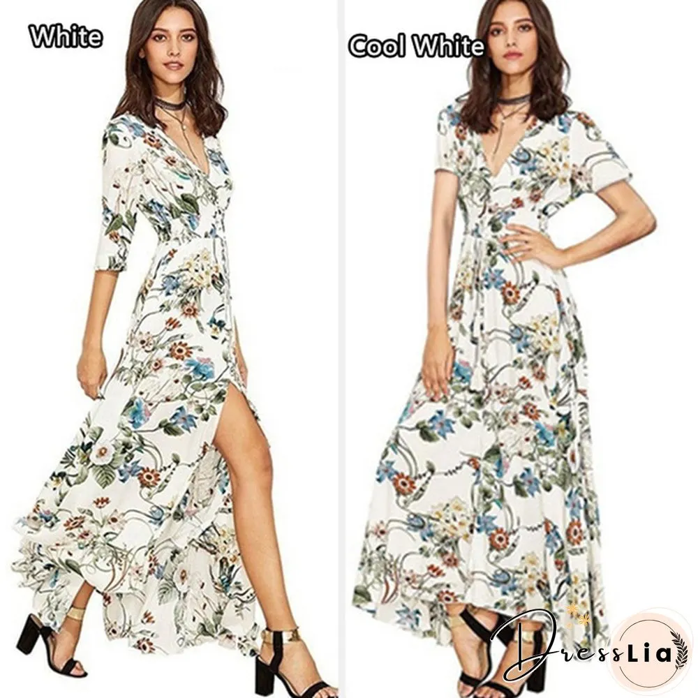 Summer Fashion Womens Bohemian V Neck Print Big Swing Long Dress Plus Size