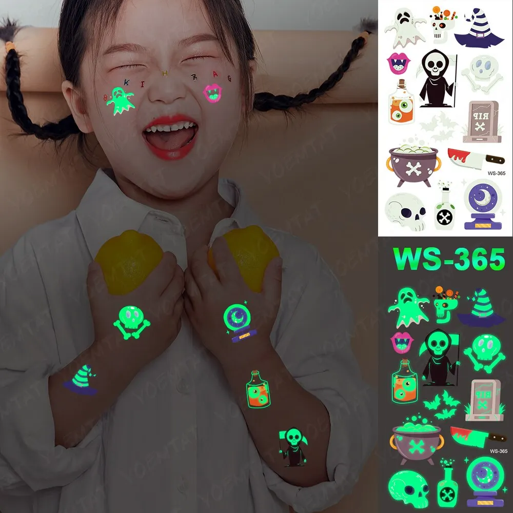 Sdrawing Temporary Luminous Tattoo Sticker Waterproof Pumpkin Skull Tatoo Arm Glowing Tattoos On Child Halloween Party Decor
