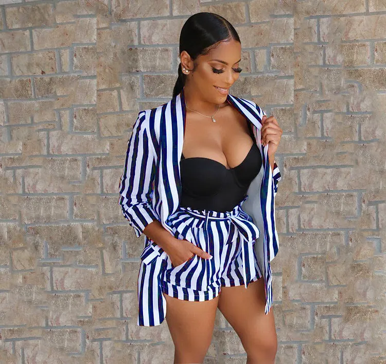 Womens 2 Piece Outfit Striped Suits Sets Slim Tops Belted Shorts