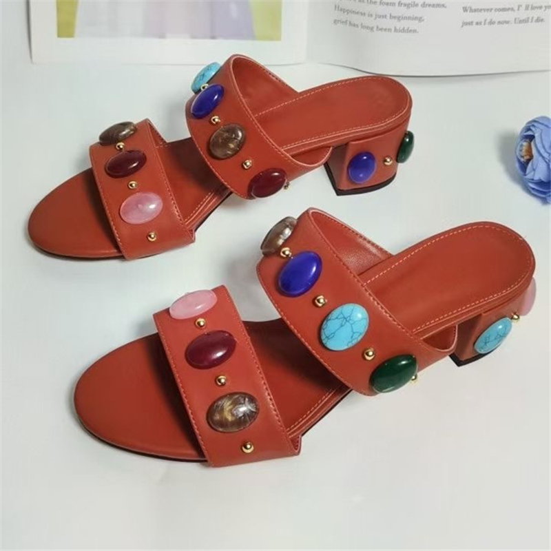 Cobblestone Rivet Embellishment Modern Sandals Women Genuine Leather Slingbacks Concise Style Slim Mules