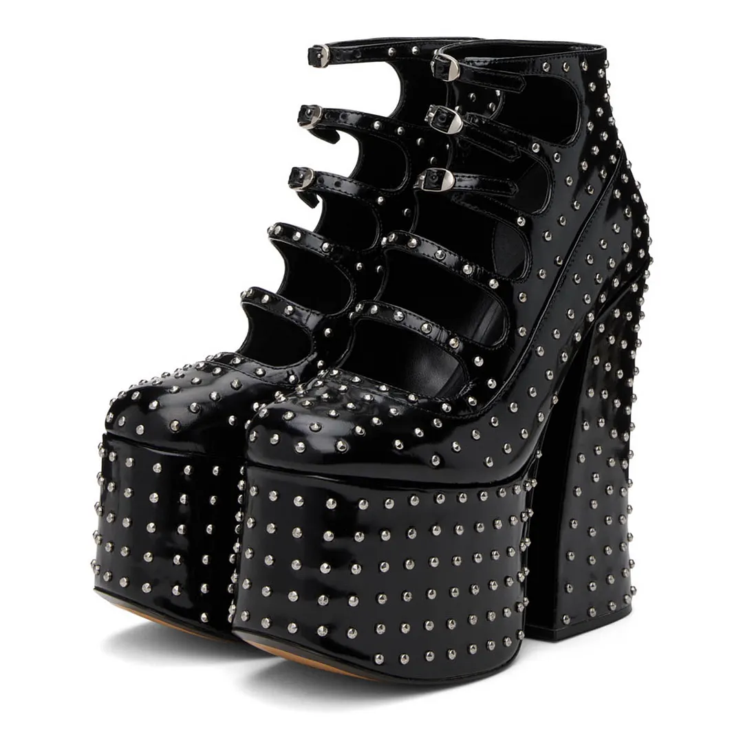 YDN Black Round Toe Studded Buckle Strap Women Platform Heels