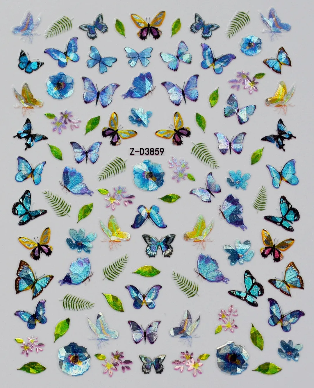 1pc Holographic Blue Nail Stickers Pink Colorful Butterfly Art Sticker With Adhesive DIY Extension Flowers Rose Nail Decoration-Nail Inspo