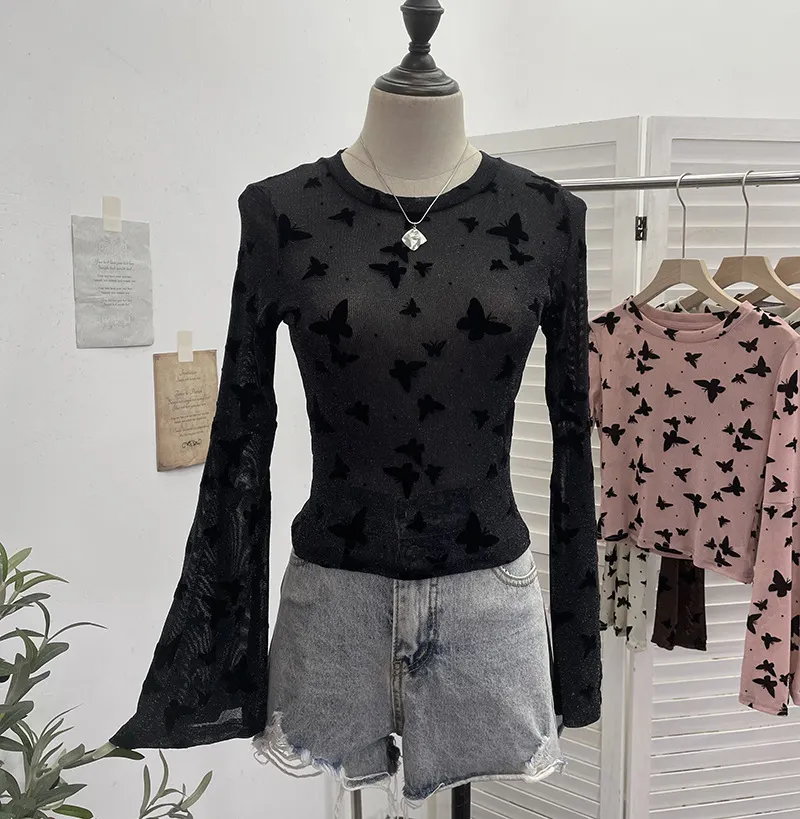 Brownm Real Shooting Spice Girl Butterfly Shiny Shiny Mesh Yarn Long-Sleeved T-Shirt Horn Sleeve Short Repair Body Jacket 8031