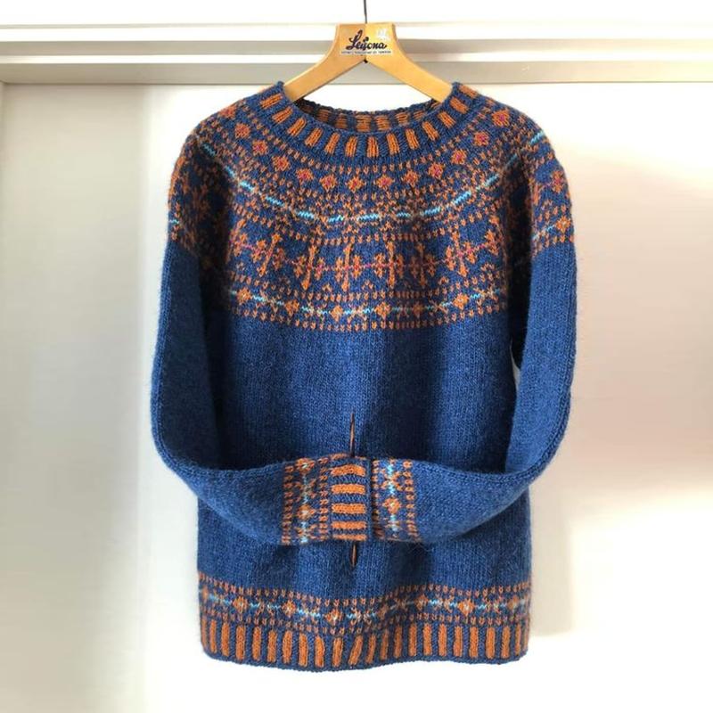 Unisex Vintage Icelandic Blue Knit Jacquard Warmth Crew Neck Sweater
