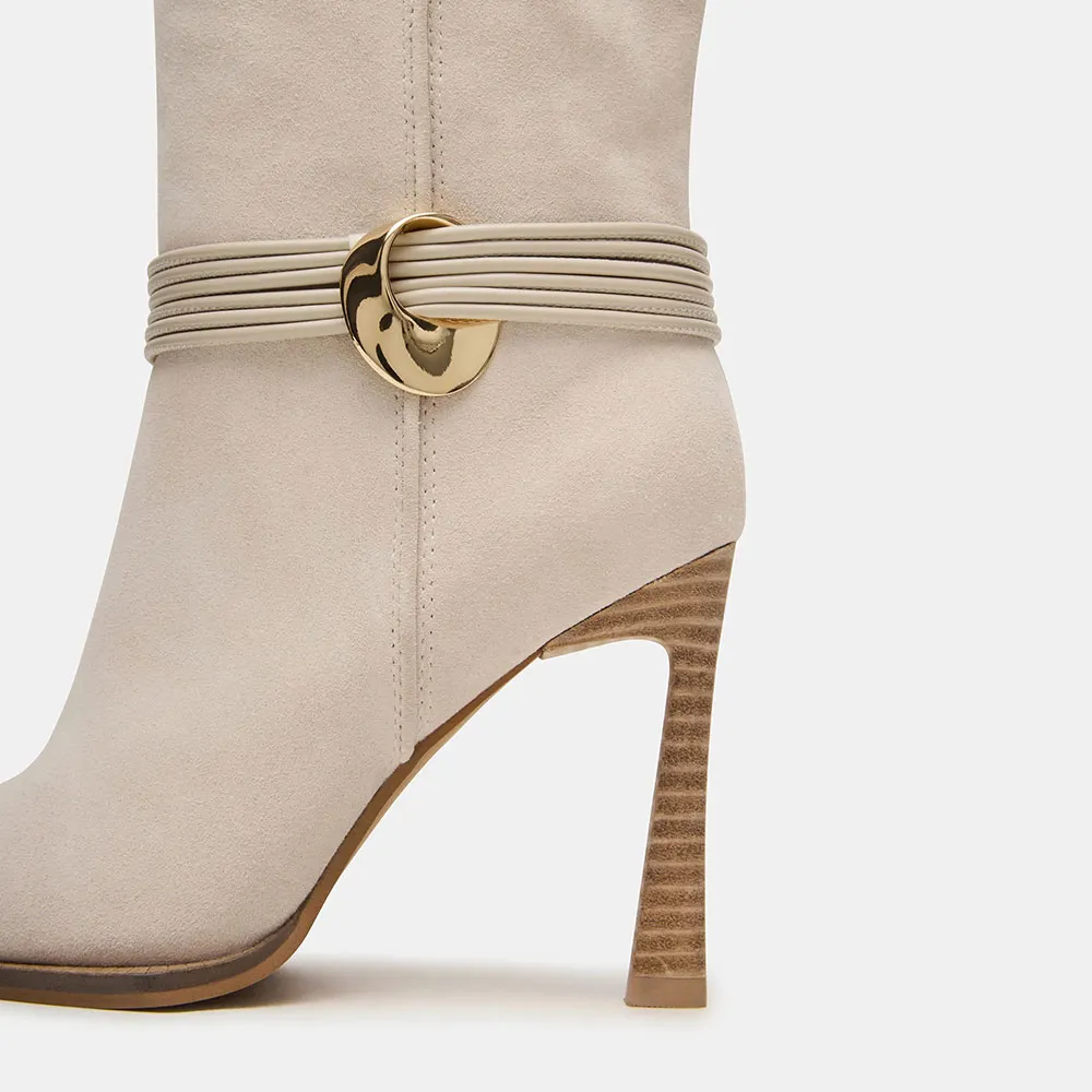 Ivory Pointed Toe Patchwork Knee High Heel Cowgirl Boots with Ring