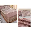 3pcs Retro Ice Silk Bed Skirt Set with Ruffle Wedding Bedspread Mattress Cover with 2 Pillowcases Machine Washable Elegant Home Decoration
