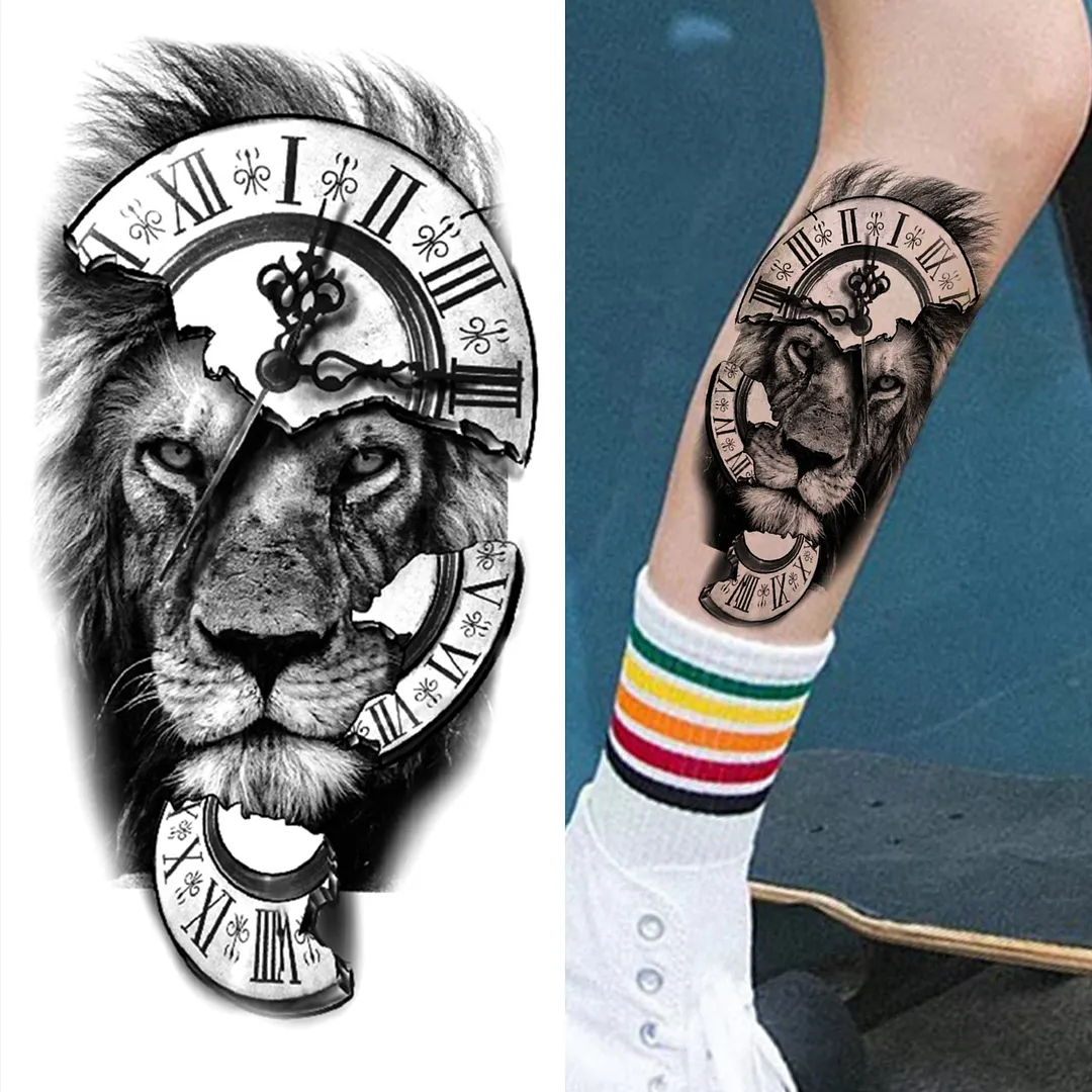 Lion King Crown Temporary Tattoos For Women Men Adult Black Tiger Forest Skull Tattoo Sticker Fake Skeleton Fashion Tatoo Flower