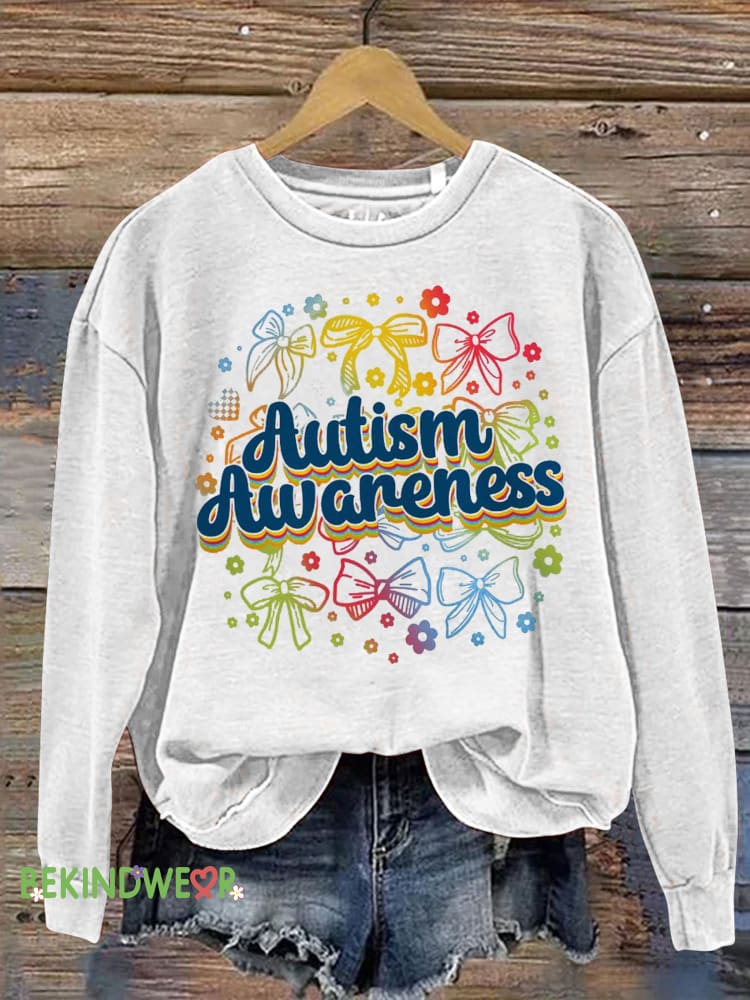 Autism Awareness Bow Print Casual Sweatshirt White / S