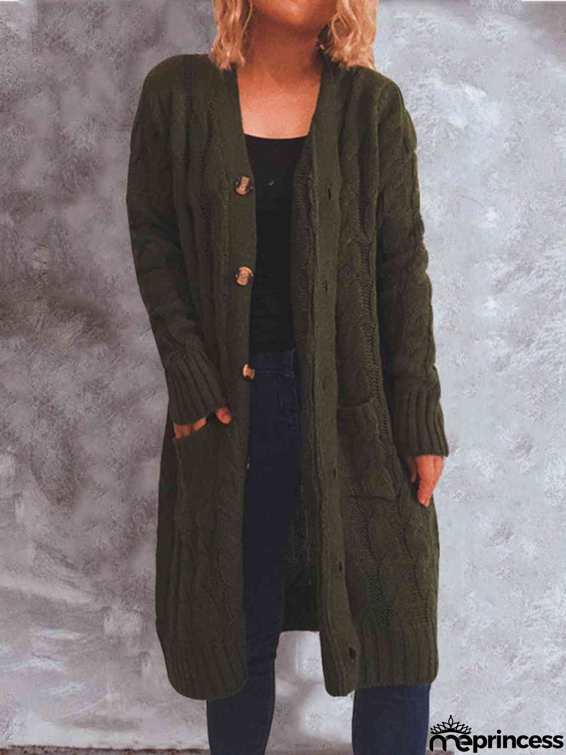 Button Up Cable-Knit Cardigan with Pockets