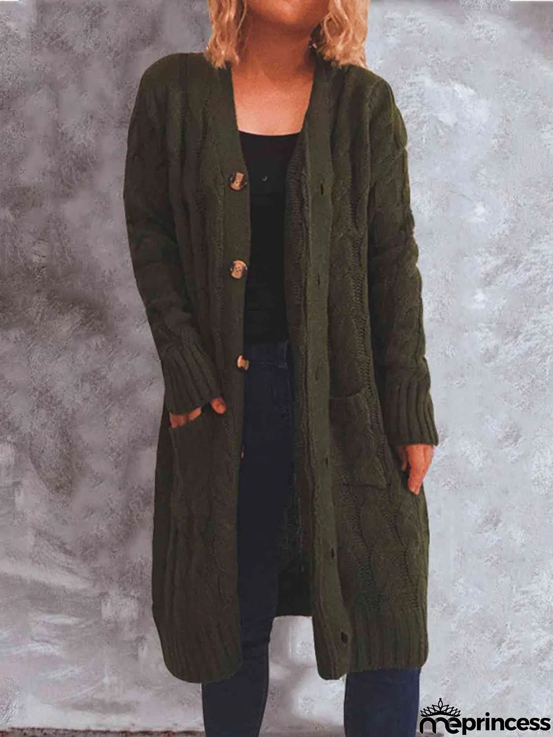 Button Up Cable-Knit Cardigan with Pockets