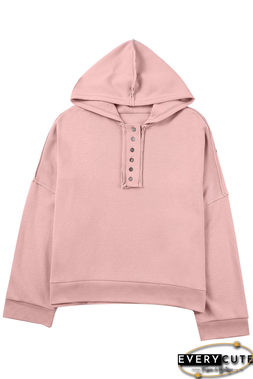 Pink Casual Button Solid Patchwork Trim Hoodie