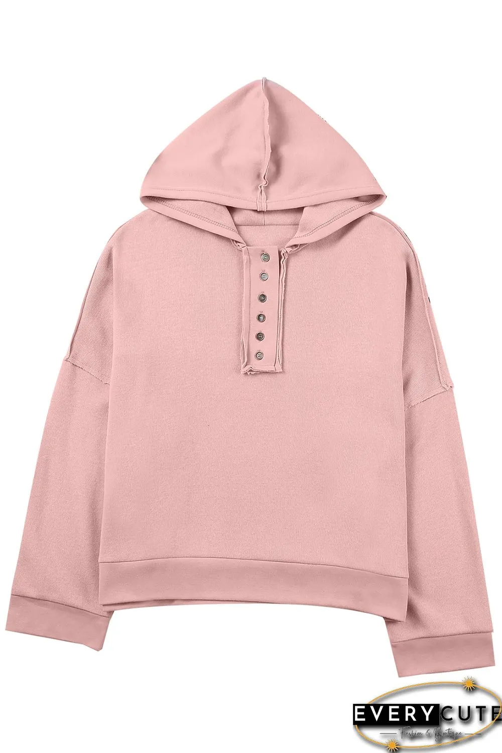 Pink Casual Button Solid Patchwork Trim Hoodie