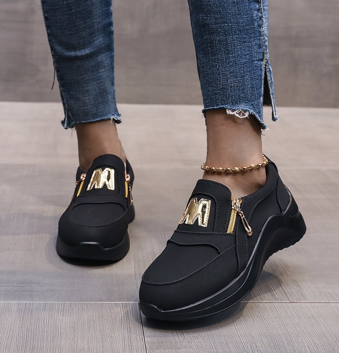 Qengg New Women Sneakers Slip on Zipper Thick Bottom Solid Color Vulcanized Shoes Casual Wedge Walking Flats Zapatillas De Mujer