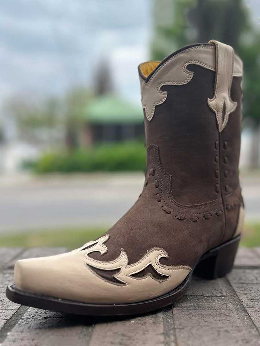 Brown Vegan Leather Snip Toe Patch-Work Comfy Cowboy Ankle Boots