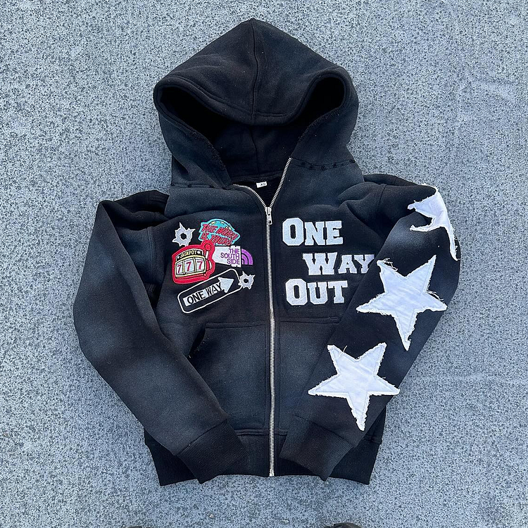 Vintage Star Pattern Print Distressed Washed Cotton Zip-Up Hoodie