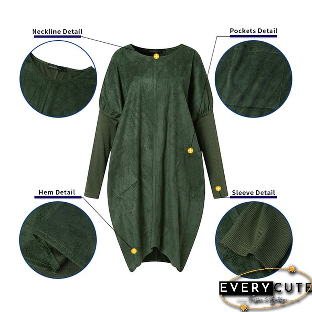 Women O-Neck Solid Patchwork Baggy Dress Knee Length Casual Dress