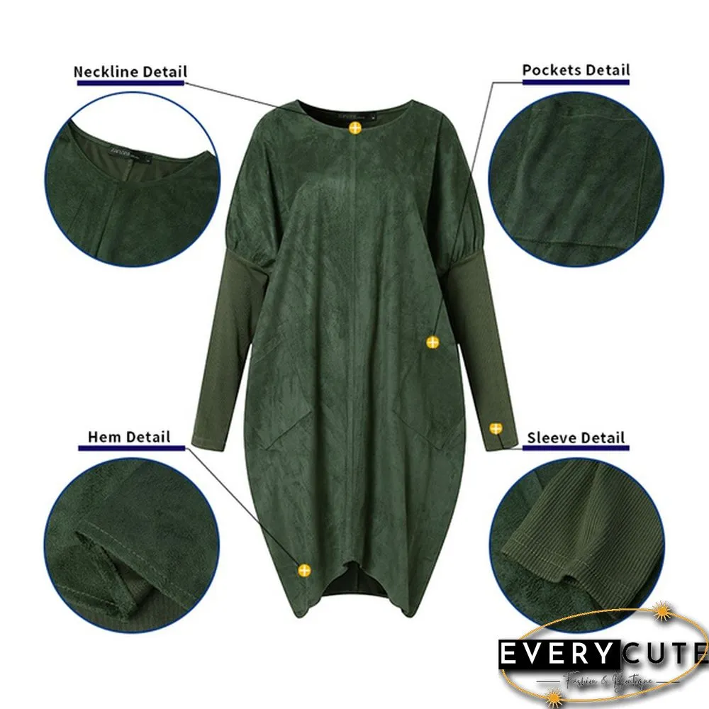Women O-Neck Solid Patchwork Baggy Dress Knee Length Casual Dress