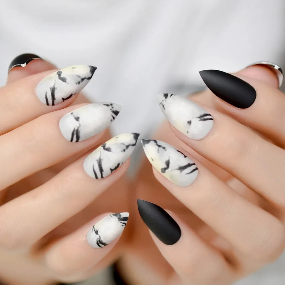 Medium Short Nails Black Glitter Stiletto Sharp False Fingernail Press On Nail Tips Wholesale Full Cover Nails Pre Designs Charm-Nail Inspo