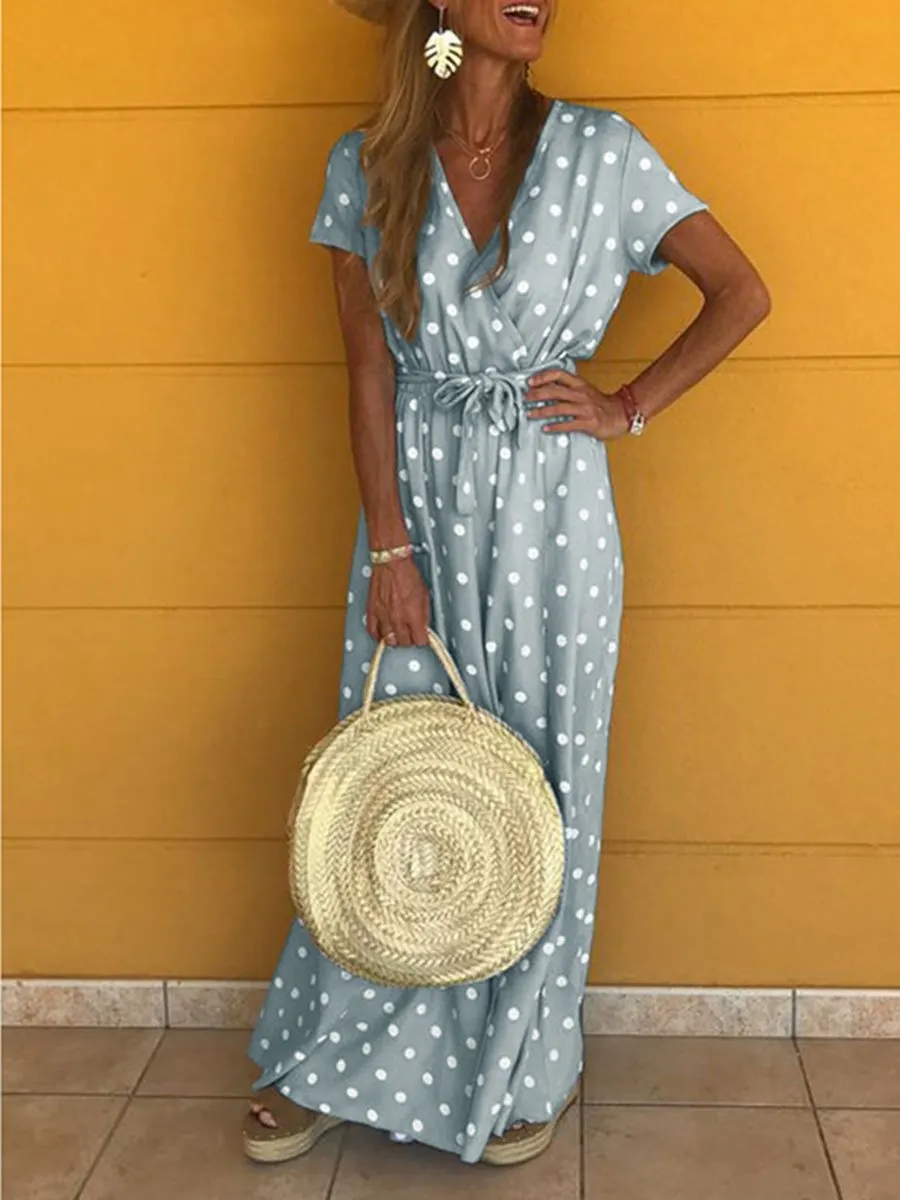 Bohemia V-Neck Polka Dot Elastic Waist Maxi Dress