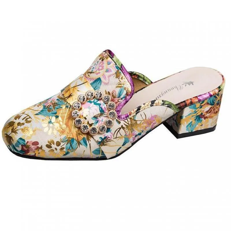 Retro Square Heel Women Slippers Flower Embroider Summer Shoes Fashion Thick Sole Slides Comfortable Zapatillas Mujer Casa