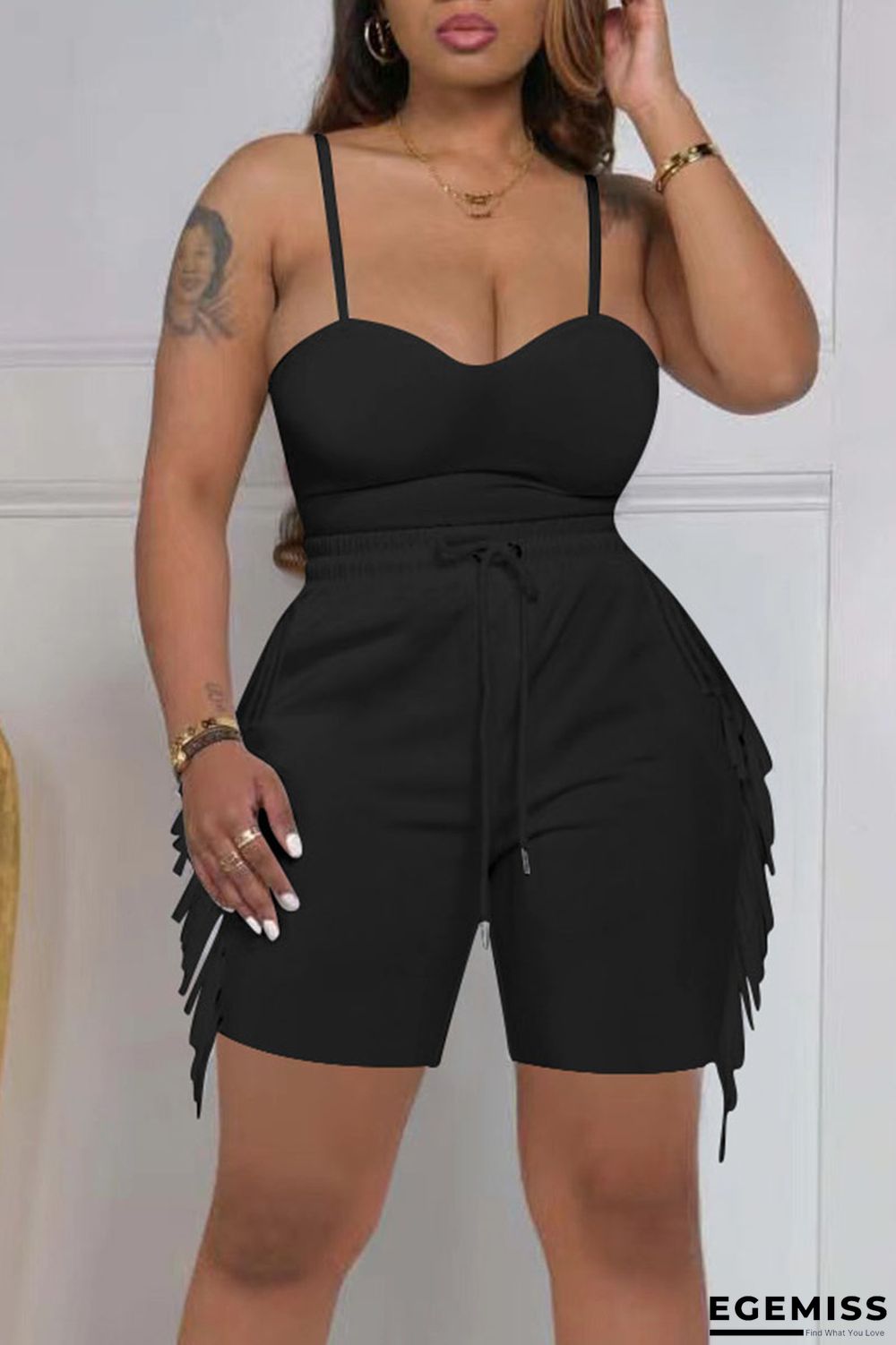 Black Sexy Solid Tassel Patchwork Spaghetti Strap Sleeveless Two Pieces | EGEMISS