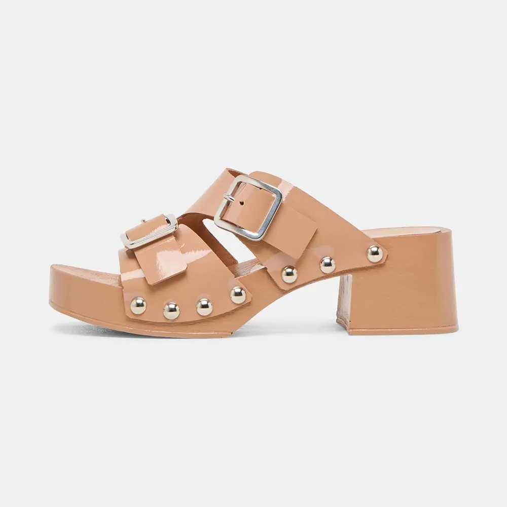 Square Toe Studded Mid Block Heel Buckled Nude Platform Mules