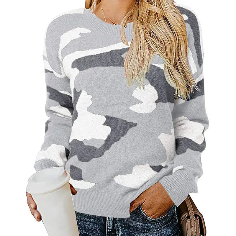 Athvotar Athvotar Sweater Women Autumn And Winter New Camouflage Leopard Sweater Round Collar Knitted Shirt Woman