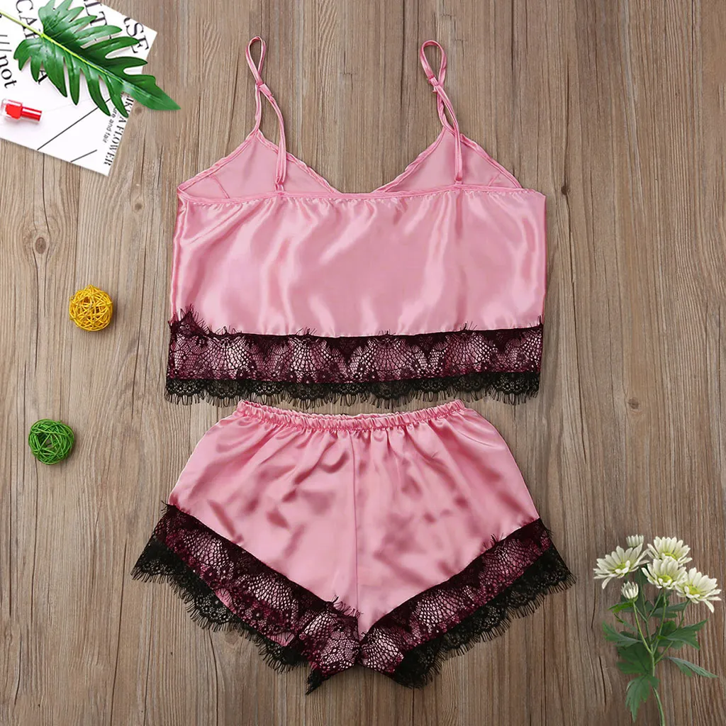 Churchf 2020 New Simulation Lace Trim Split Pajamas Set Sex Lace Set